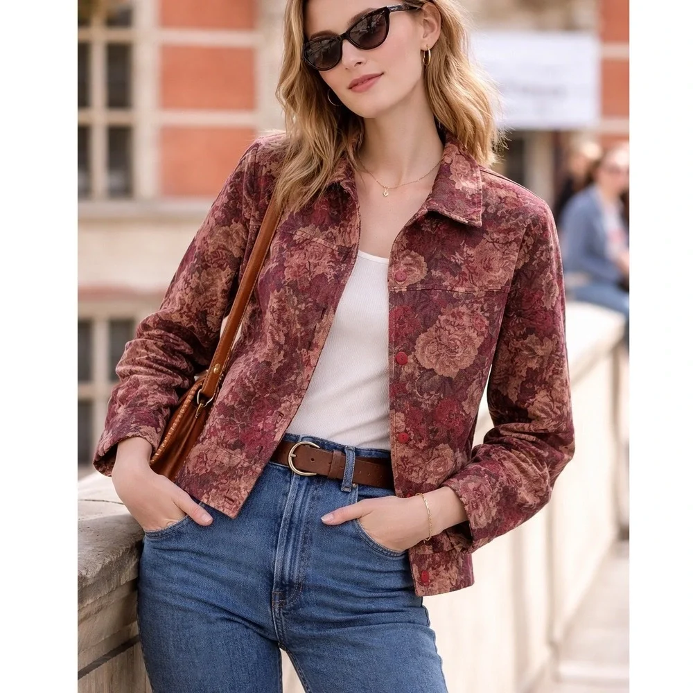 Coldwater Creek Womens Burgundy Floral Tapestry Jacket Button‎ Front Size S Rose